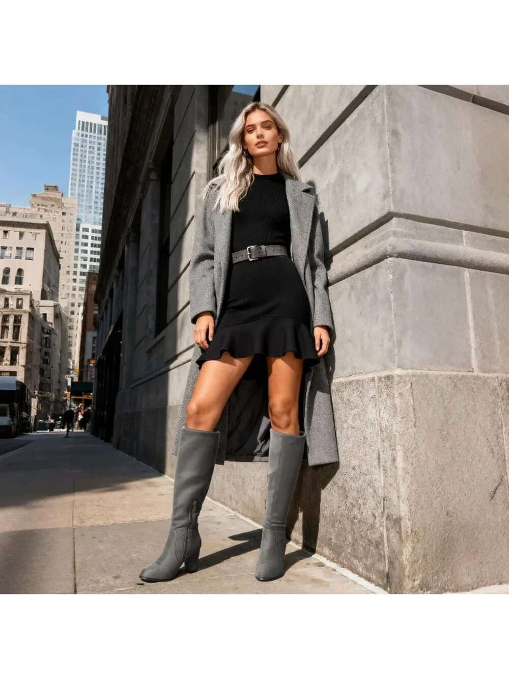 Women's Grey Faux Fur Lined Square Toe Side Zipper Knee High Riding Boots